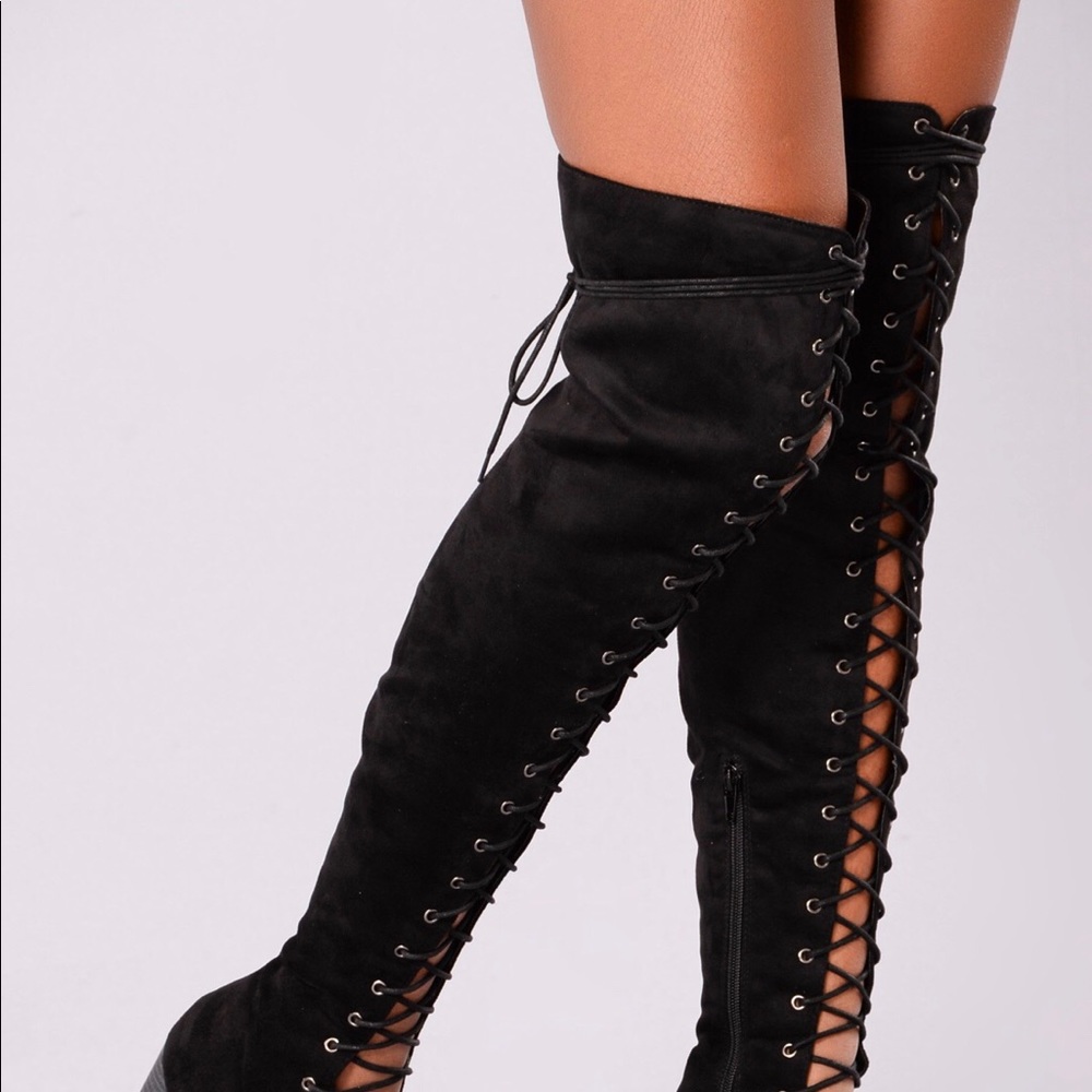 Thigh high peep toe boots
